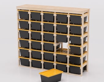 27 Gallon Tote Storage Rack Plans PDF. Holds 30 Bins (5x6) with Shelf on Top. Garage Storage Shelves. DIY Build Plans