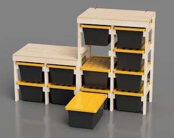 27 Gallon Tote Storage Workbench Plans. Tote Rack Garage Storage and Work Bench Plans. Organization workshop basement. Lowes Tote Compatible