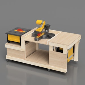 Flip Top Workbench Plans for Table Saw, Miter Saw and Planer. Compact Flip Top Workbench out feed table. Work Bench Plans. Miter Saw Station