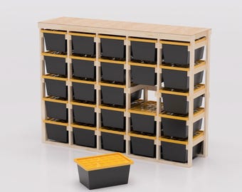 27 Gallon Tote Storage Rack Plans PDF. Holds 25 Bins (5x5) with Shelf on Top. Garage Storage Shelves. DIY Build Plans