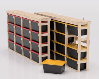 27 Gallon Tote Storage Rack Plans Sideways PDF. Bin Rack lengthwise with Shelf on Top. DIY Build Compatible with Lowes and HDX Totes