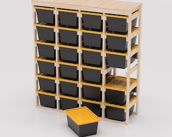 27 Gallon Tote Storage Rack Plans PDF. Holds 24 Bins (4x6) with Shelf on Top. Garage Storage Shelves. DIY Build Plans