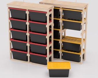 27 Gallon Tote Storage Rack Plans PDF. Holds 10 Bins (2x5) lengthwise with Shelf on Top. DIY Build Compatible with Lowes and HDX Totes