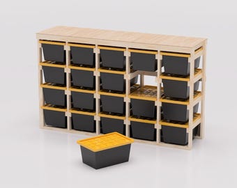27 Gallon Tote Storage Rack Plans PDF. Holds 20 Bins (5x4) with Shelf on Top. Garage Storage Shelves. DIY Build Plans