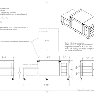 May include: Line drawing of a table saw stand with dimensions in inches. The stand has a top shelf, two lower shelves, and four wheels. The stand is designed to fit a DeWalt 7491 or DWS780 table saw.
