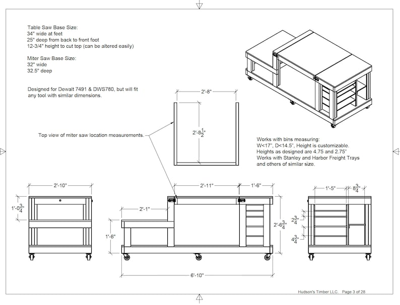 May include: Line drawing of a table saw stand with dimensions in inches. The stand has a top shelf, two lower shelves, and four wheels. The stand is designed to fit a DeWalt 7491 or DWS780 table saw.