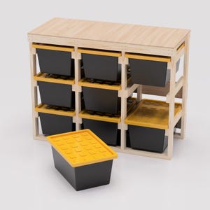 27 Gallon Tote Storage Rack Plans PDF. Holds 9 Bins (3x3) with Shelf on Top. Garage Storage Shelves. DIY Build Plans