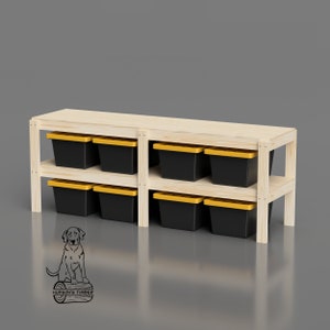 May include: A wooden shelf unit with two shelves, holding eight black storage bins with yellow lids. The shelf unit is made of natural wood and has a rustic look.