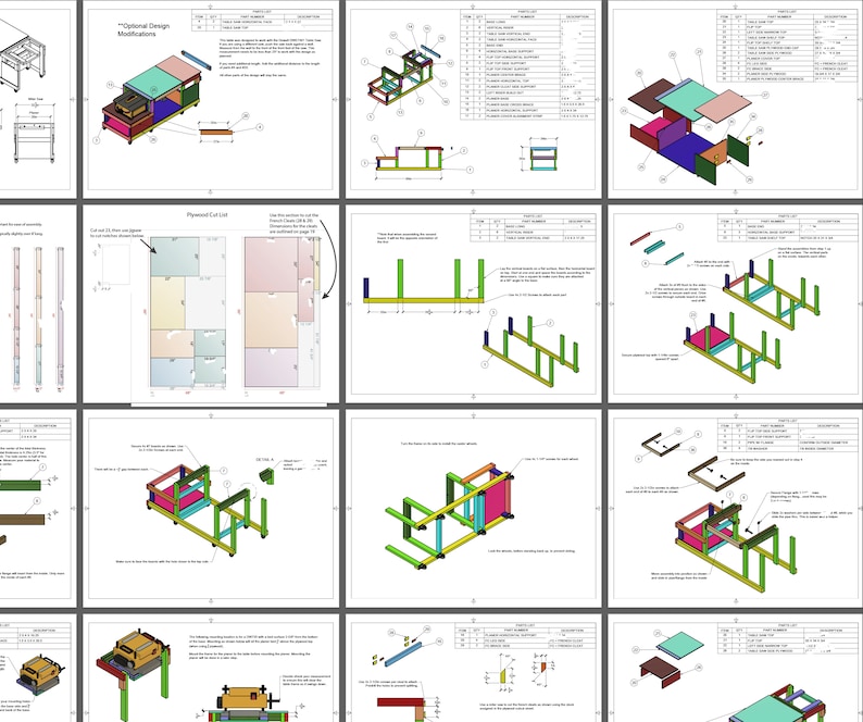 example instructions showing detailed build plan steps including materials lists and cut lists along with detailed assembly steps