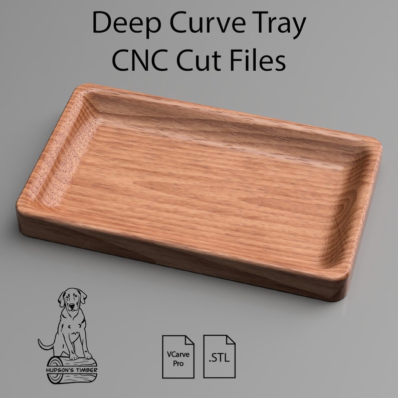 Peut inclure: Un plateau en bois avec un design en courbe profonde. Le plateau est en bois brun clair avec un motif de grain de bois naturel. Le plateau est vide et pr&ecirc;t &agrave; &ecirc;tre utilis&eacute;. L'image comprend &eacute;galement le texte "Deep Curve Tray CNC Cut Files" et les logos de VCarve Pro et STL.