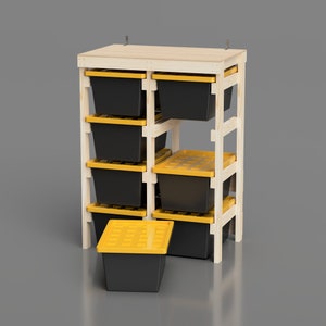 27 Gallon Tote Rack Plans. 8 Tote Garage Storage Shelves. Organization workshop / basement. Lowes and Sams Club Tote Compatible