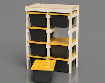 27 Gallon Tote Rack Plans. 8 Tote Garage Storage Shelves. Organization workshop / basement. Lowes and Sams Club Tote Compatible