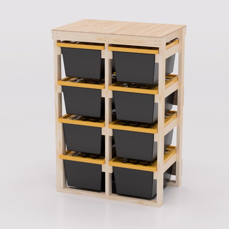 27 Gallon Tote Storage Rack Plans PDF. Holds 8 Bins (2x4) With Shelf on ...