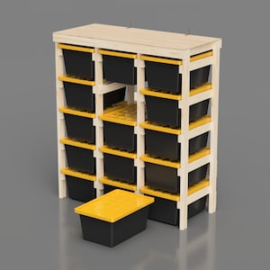 27 Gallon Tote Rack Plans. 15 Tote Garage Storage Shelves. Organization workshop / basement. Works With Lowes and Sams Club 27 Gallon Totes