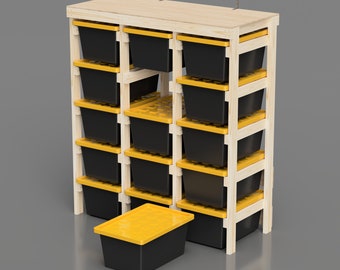 27 Gallon Tote Rack Plans. 15 Tote Garage Storage Shelves. Organization workshop / basement. Works With Lowes and Sams Club 27 Gallon Totes