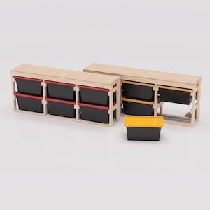 May include: A wooden shelf unit with six black storage bins. The bins have red and yellow lids. The shelf unit is made of natural wood and has a simple design.