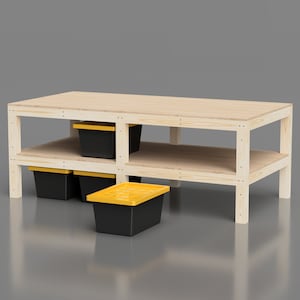 DIY Easy to assemble 4x8 Workbench Plans. Work bench with shelf and tote storage. Compatible with 17 gallon totes from Lowes. Assembly Table