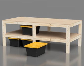 DIY Easy to assemble 4x8 Workbench Plans. Work bench with shelf and tote storage. Compatible with 17 gallon totes from Lowes. Assembly Table