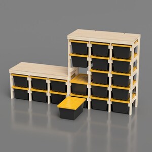May include: A wooden storage shelf with multiple black and yellow storage bins. The shelf has a bench top and is made of natural wood.