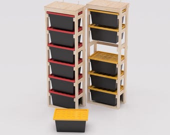 27 Gallon Tote Rack Storage Plans PDF. Each Holds 6 Bins (1x6) lengthwise with Shelf on Top. DIY Build Compatible with Lowes and HDX Totes