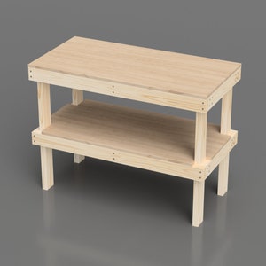 May include: A two-tier wooden workbench with a natural wood finish. The workbench has a rectangular top and bottom shelf, and is supported by four legs.