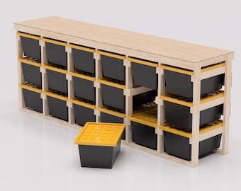 27 Gallon Tote Storage Rack Plans PDF. Holds 18 Bins (6x3) with Shelf on Top. Garage Storage Shelves. DIY Build Plans