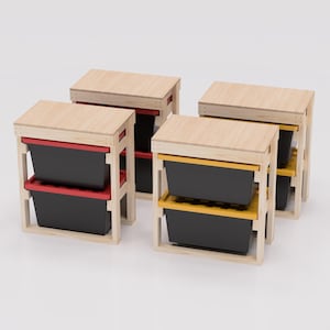 27 Gallon Tote Rack Workbench Plans PDF. Each Holds 2 Bins (1x2) lengthwise with Shelf on Top. DIY Build Compatible with Lowes and HDX
