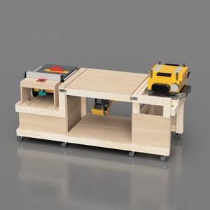 4 Tool Flip Top Workbench. Holds Table Saw, Miter Saw, Planer, Router Table. Includes Imperial and Metric versions. Shown with planer flipped up