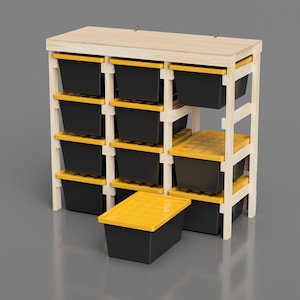27 Gallon Tote Rack Plans. 12 Tote Garage Storage Shelves. Organization workshop / basement. Lowes and Sams Club Tote Compatible
