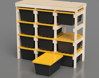 27 Gallon Tote Rack Plans. 12 Tote Garage Storage Shelves. Organization workshop / basement. Lowes and Sams Club Tote Compatible