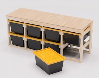 27 Gallon Tote Storage Rack Workbench Plans PDF. Holds 8 Bins (4x2) with Shelf on Top. Garage Storage Shelves. DIY Build Plans