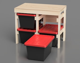 Workbench Plans Garage Storage. 27 Gallon Tote Rack and Work Bench Plans. Organization workshop basement. HDX Tote Compatible