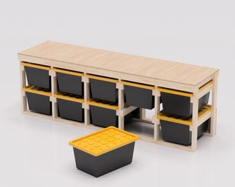 27 Gallon Tote Storage Rack Workbench Plans PDF. Holds 10 Bins (5x2). Garage Storage Shelves. DIY Build Plans
