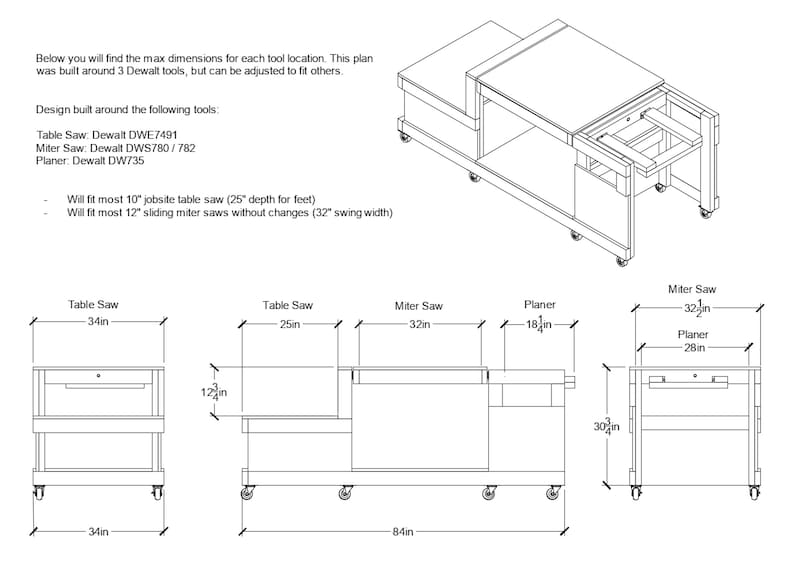 mobile workbench plan dimensions for included pdf build plans. 84 inch table allows for table saw, miter saw and planer on one work bench