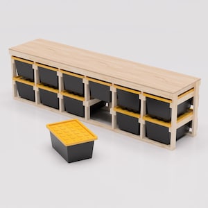27 Gallon Tote Storage Rack Workbench Plans PDF. Holds 12 Bins (6x2) with Shelf on Top. Garage Storage Shelves. DIY Build Plans