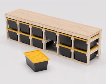27 Gallon Tote Storage Rack Workbench Plans PDF. Holds 12 Bins (6x2) with Shelf on Top. Garage Storage Shelves. DIY Build Plans
