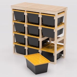 27 Gallon Tote Storage Rack Plans PDF. Holds 12 Bins (3x4) with Shelf on Top. Garage Storage Shelves. DIY Build Plans