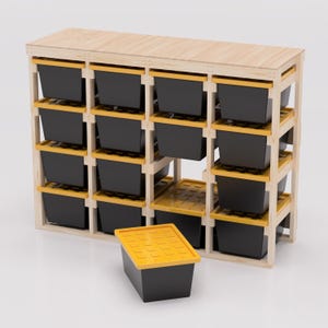 27 Gallon Tote Storage Rack Plans PDF. Holds 16 Bins (4x4) with Shelf on Top. Garage Storage Shelves. DIY Build Plans