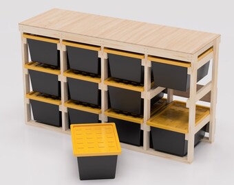 27 Gallon Tote Storage Rack Plans PDF. Holds 12 Bins (4x3) with Shelf on Top. Garage Storage Shelves. DIY Build Plans