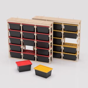 May include: Three wooden storage shelves with black plastic storage bins. The shelves are stacked on top of each other and have a light wood finish. The bins are in three colors: red, yellow, and black.