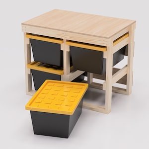 27 Gallon Tote Storage Rack Workbench Plans PDF. Holds 4 Bins (2x2) with Shelf on Top. Garage Storage Shelves. DIY Build Plans