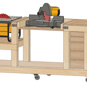 May include: A wooden workbench with a table saw and a miter saw mounted on top. The workbench has a storage shelf underneath and a drawer on the right side. The workbench is on wheels and has a black and yellow tool box on the bottom shelf.