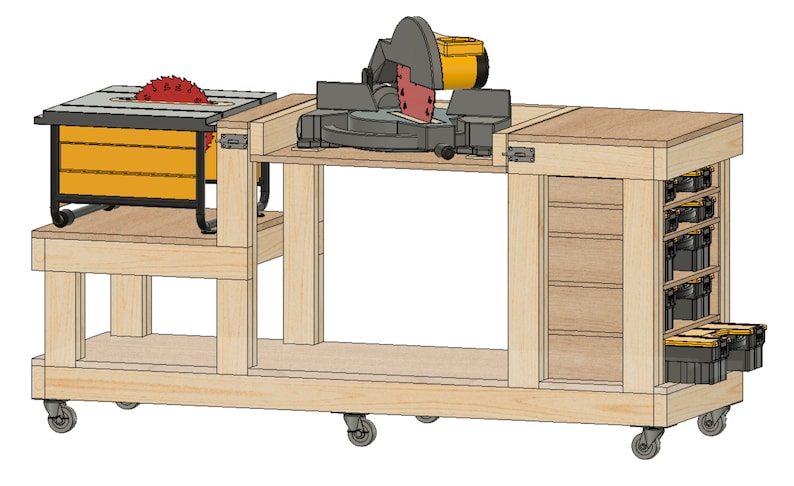 May include: A wooden workbench with a table saw and a miter saw mounted on top. The workbench has a storage shelf underneath and a drawer on the right side. The workbench is on wheels and has a black and yellow tool box on the bottom shelf.