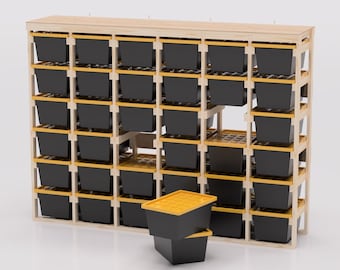 27 Gallon Tote Storage Rack Plans PDF. Holds 36 Bins (6x6) with Shelf on Top. Garage Storage Shelves. DIY Build Plans