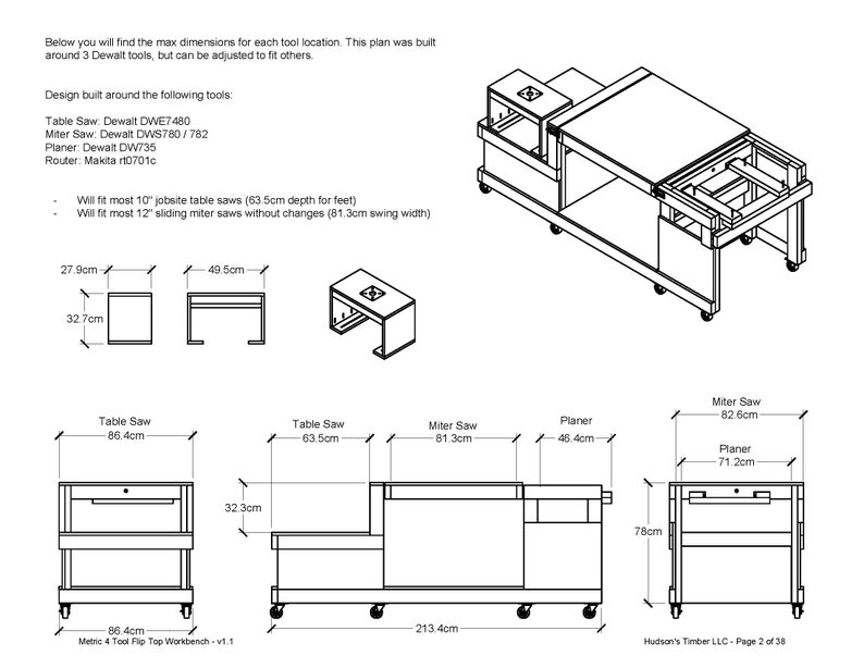 4 Tool Flip Top Workbench Dimensions in Metric units