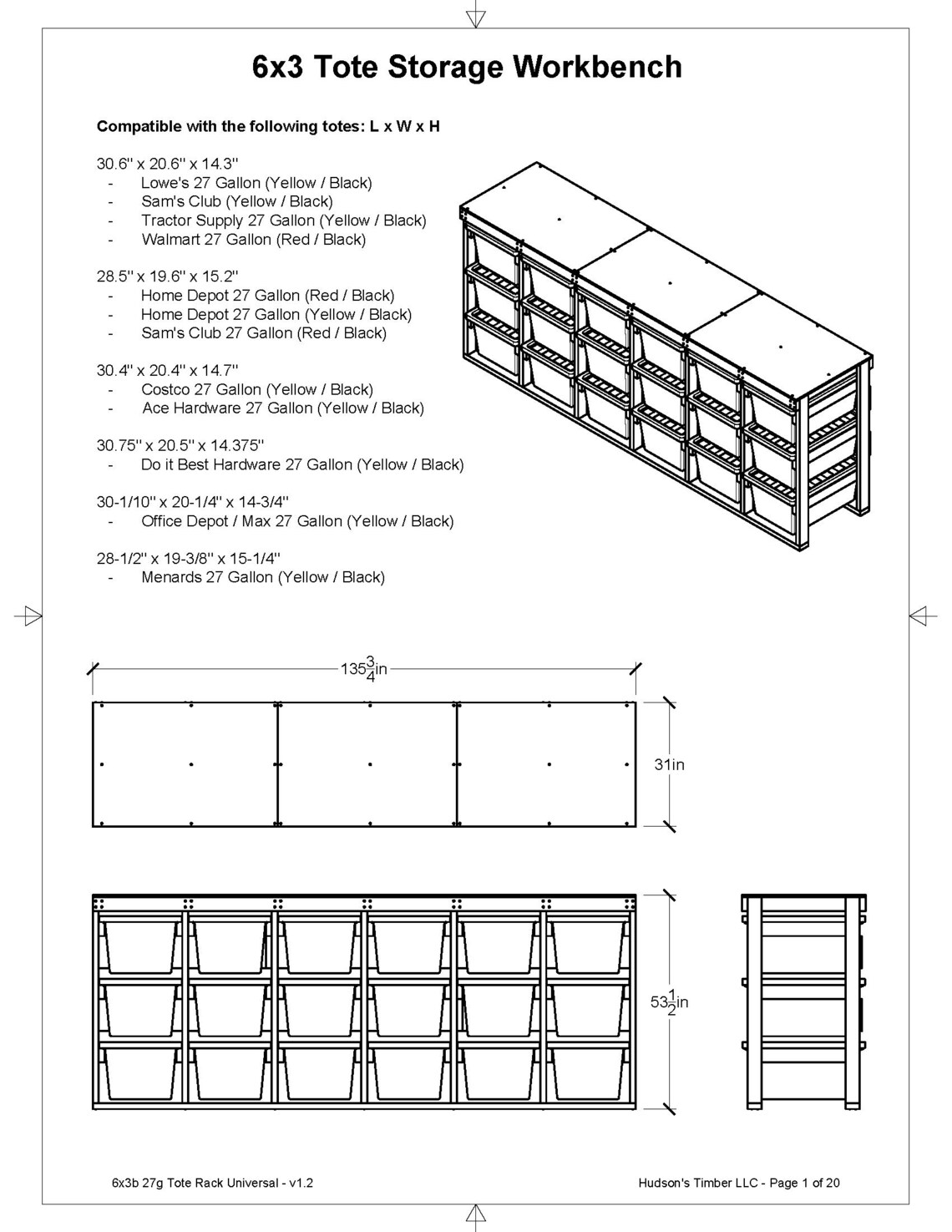 27 Gallon Tote Storage Rack Plans PDF. Holds 18 Bins (6x3) With Shelf ...