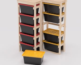 27 Gallon Tote Rack Storage Plans PDF. Each Holds 5 Bins (1x5) lengthwise with Shelf on Top. DIY Build Compatible with Lowes and HDX Totes