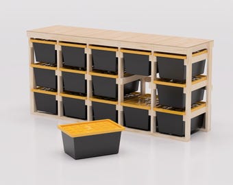 27 Gallon Tote Storage Rack Plans PDF. Holds 15 Bins (5x3) with Shelf on Top. Garage Storage Shelves. DIY Build Plans