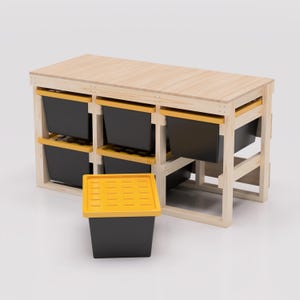27 Gallon Tote Storage Rack Workbench Plans PDF. Holds 6 Bins (3x2) with Shelf on Top. Garage Storage Shelves. DIY Build Plans
