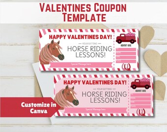 May include: Two pink and red striped printable Valentine's Day coupons with a horse and a red truck with hearts. The text reads "Happy Valentine's Day! -Your Getting- Horse Riding Lessons!" and "Special Message Here".